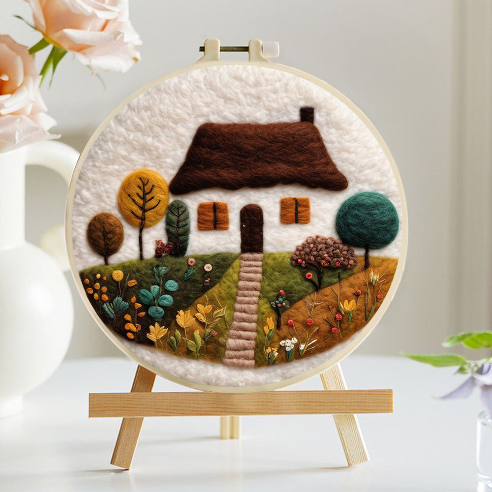 A Scenic Cottage with Fall Foliage and Flowers Wool Needle Felting Painting Kit