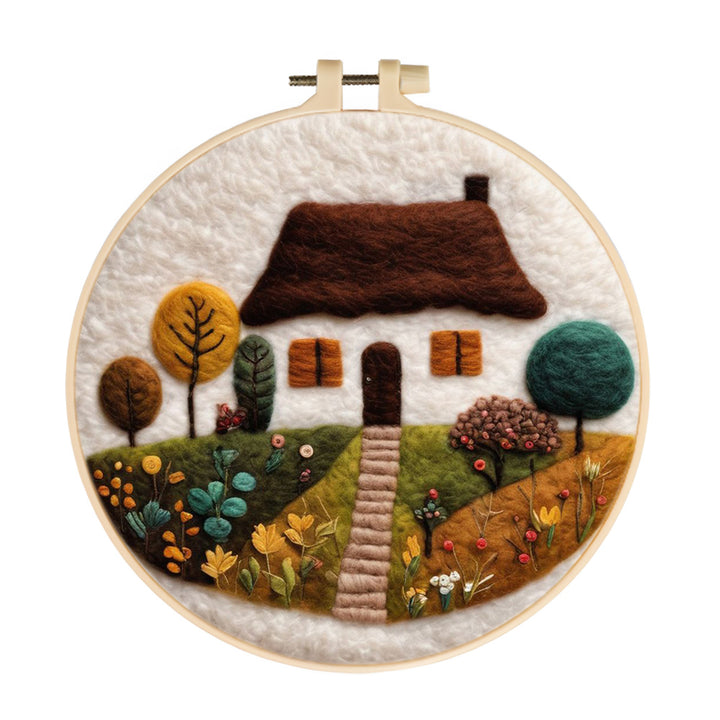 A Scenic Cottage with Fall Foliage and Flowers Wool Needle Felting Painting Kit