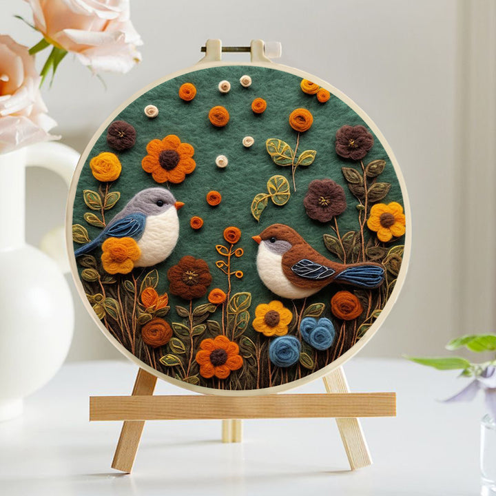 Birds and Flowers in a Green Field Wool Needle Felting Painting Kit