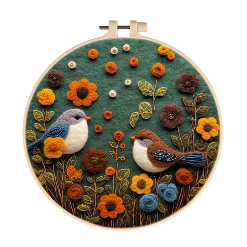 Birds and Flowers in a Green Field Wool Needle Felting Painting Kit