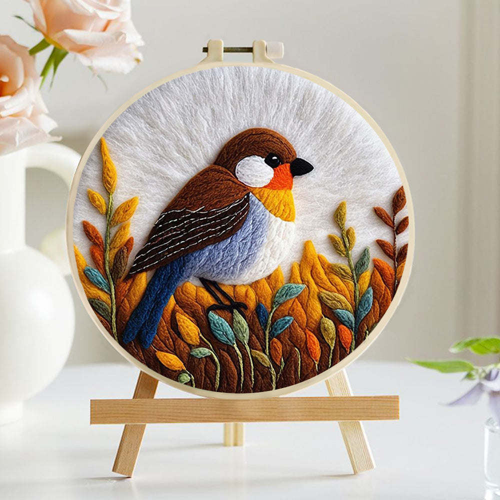 Bird Watches Over Orange Leaves Wool Needle Felting Painting Kit