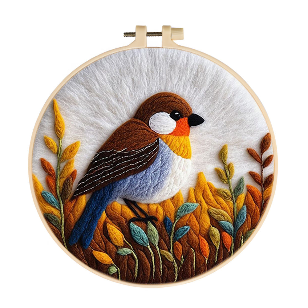 Bird Watches Over Orange Leaves Wool Needle Felting Painting Kit