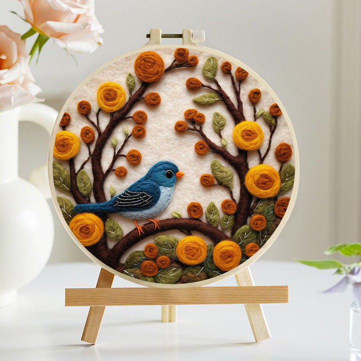 Blue Bird Stands by Orange Blooms Wool Needle Felting Painting Kit