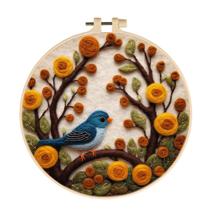 Blue Bird Stands by Orange Blooms Wool Needle Felting Painting Kit