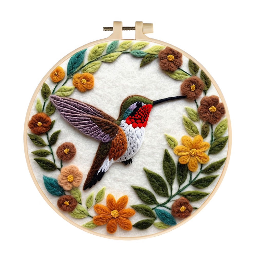 Hummingbird Surrounded by Flower Wreath Wool Needle Felting Painting Kit