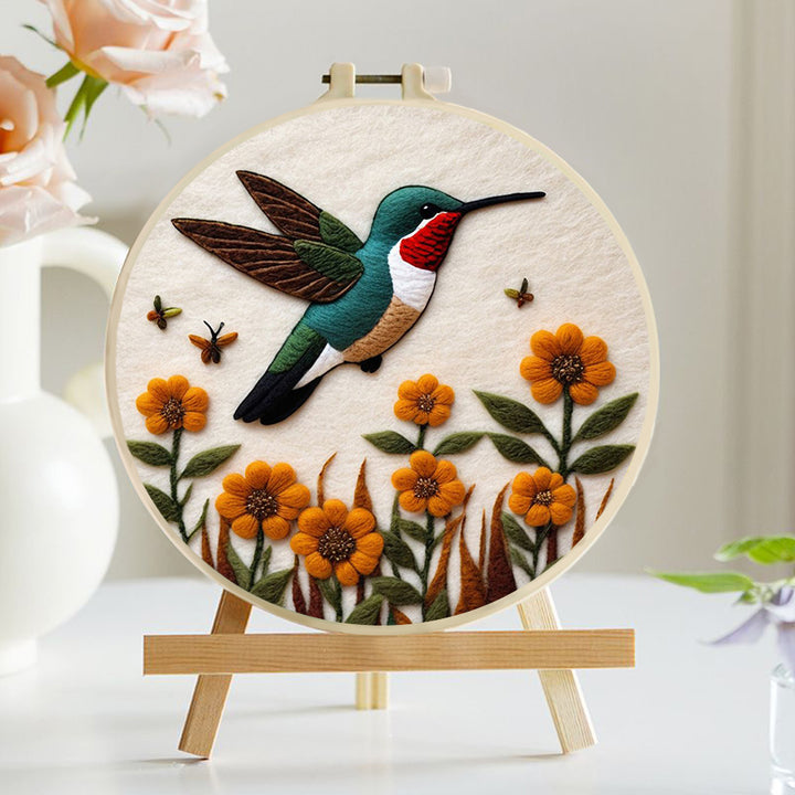Hummingbird Flies Over Orange Flowers Wool Needle Felting Painting Kit