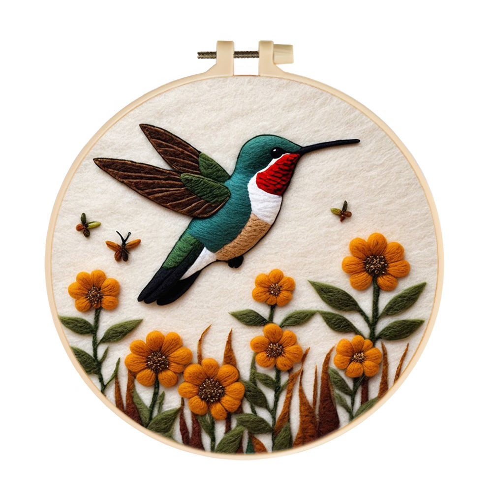 Hummingbird Flies Over Orange Flowers Wool Needle Felting Painting Kit