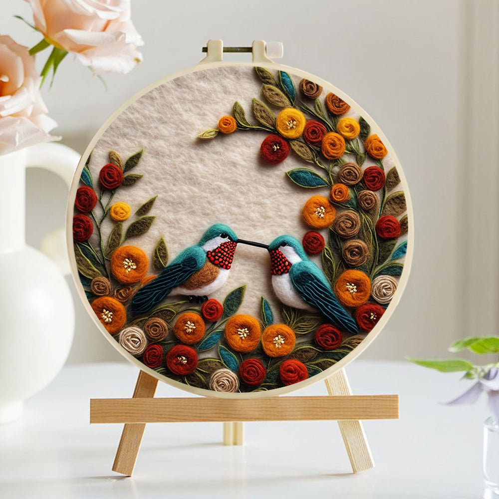 Birds Meet in Floral Circle Wool Needle Felting Painting Kit