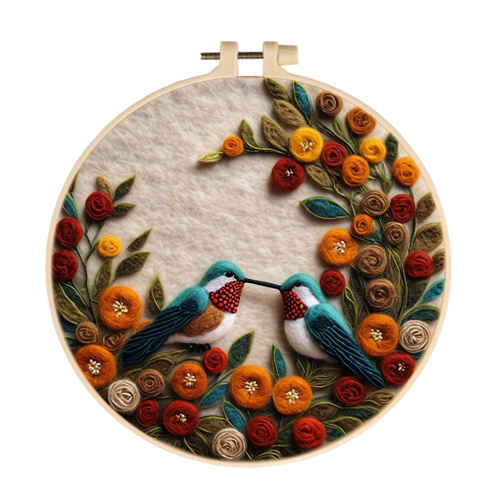 Birds Meet in Floral Circle Wool Needle Felting Painting Kit