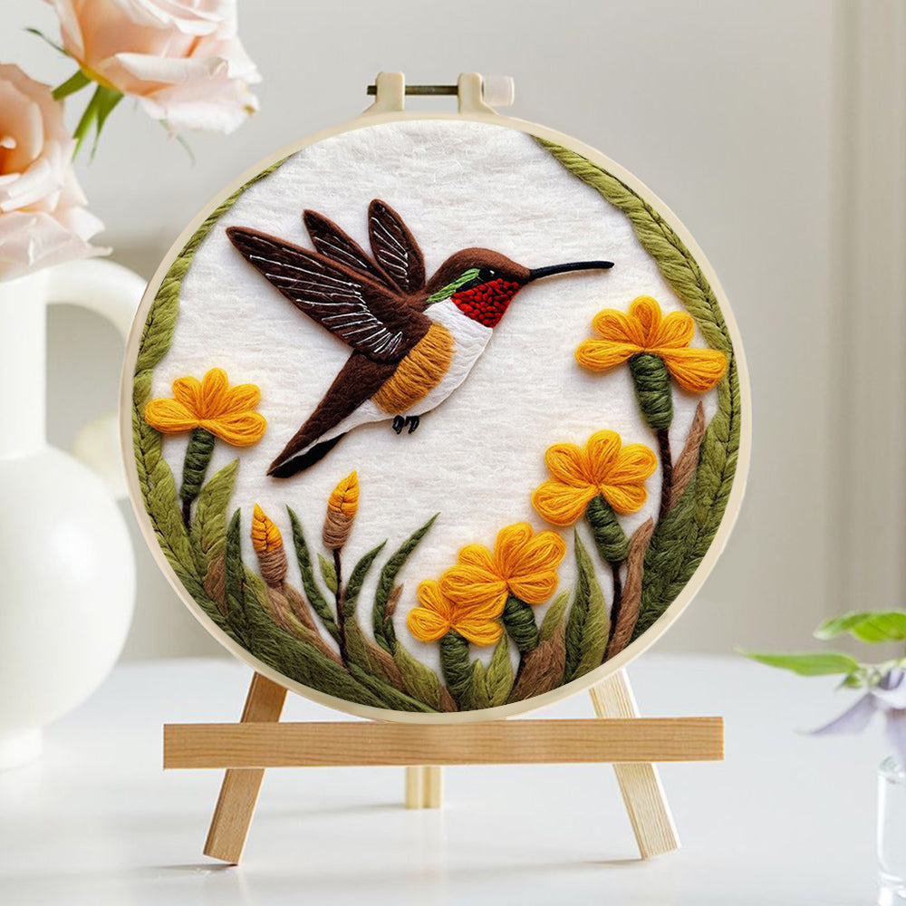 Bird Dips Over Yellow Flowers Wool Needle Felting Painting Kit