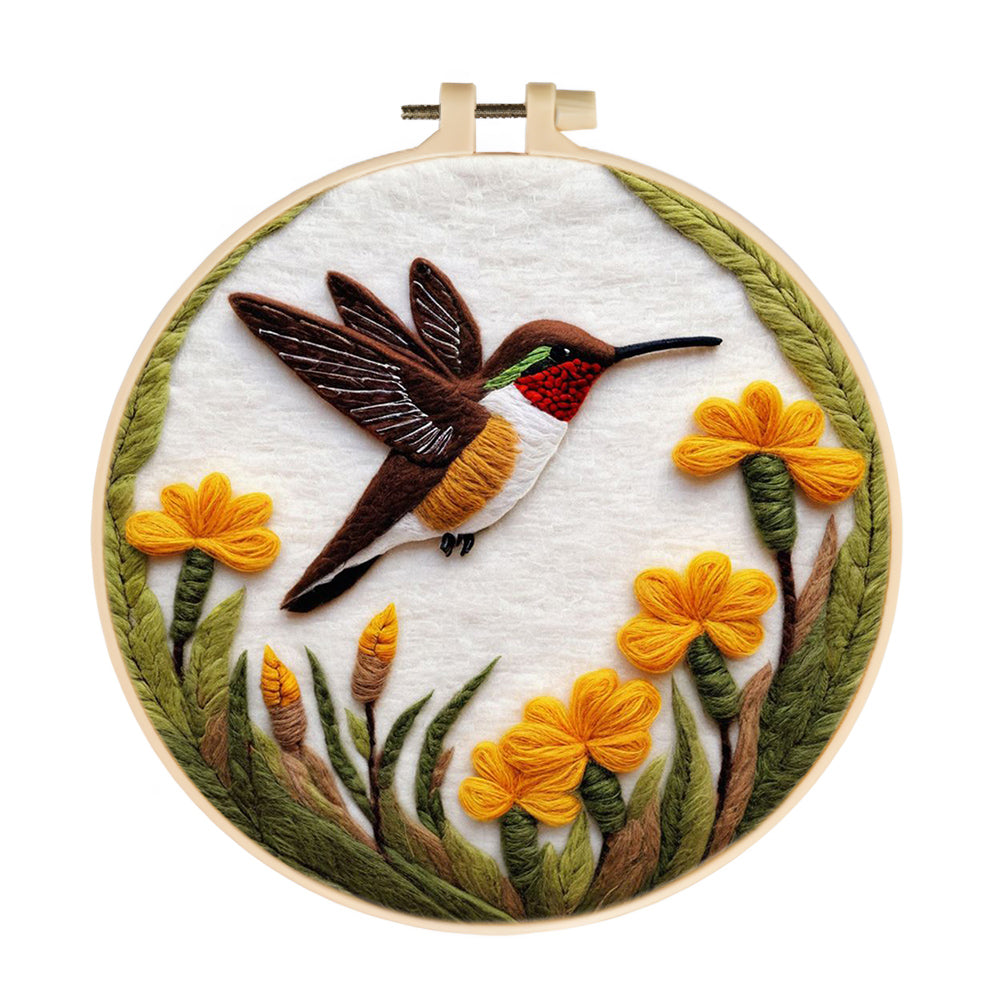 Bird Dips Over Yellow Flowers Wool Needle Felting Painting Kit