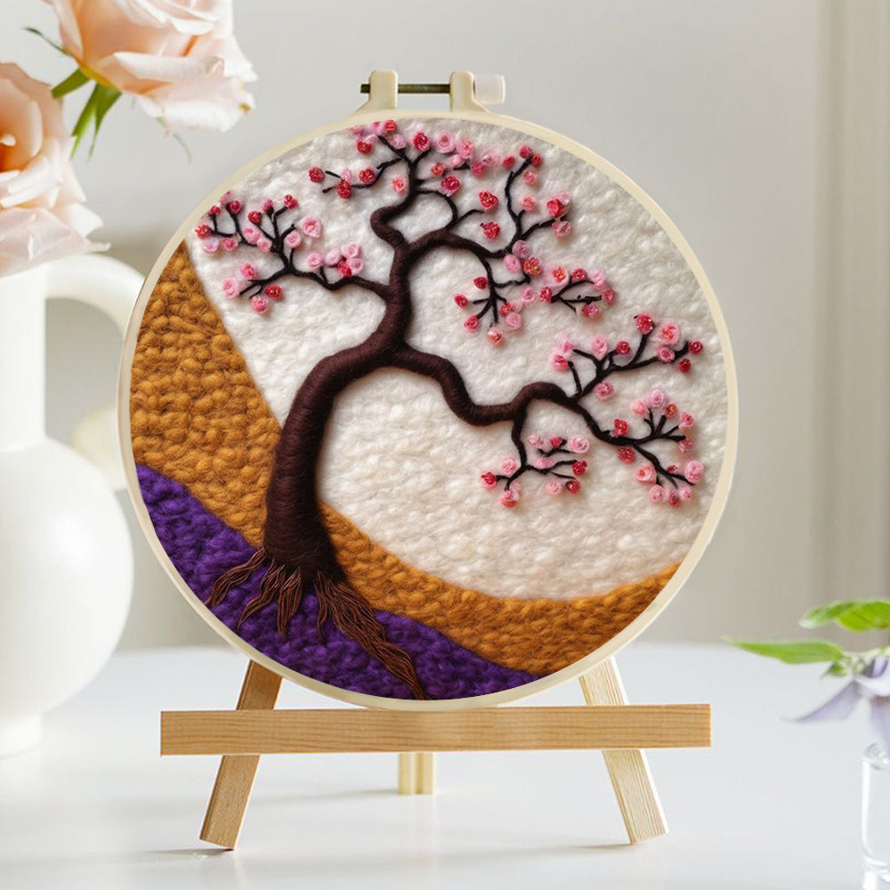 Pink Flowers Bloom on Tree Branch Wool Needle Felting Painting Kit