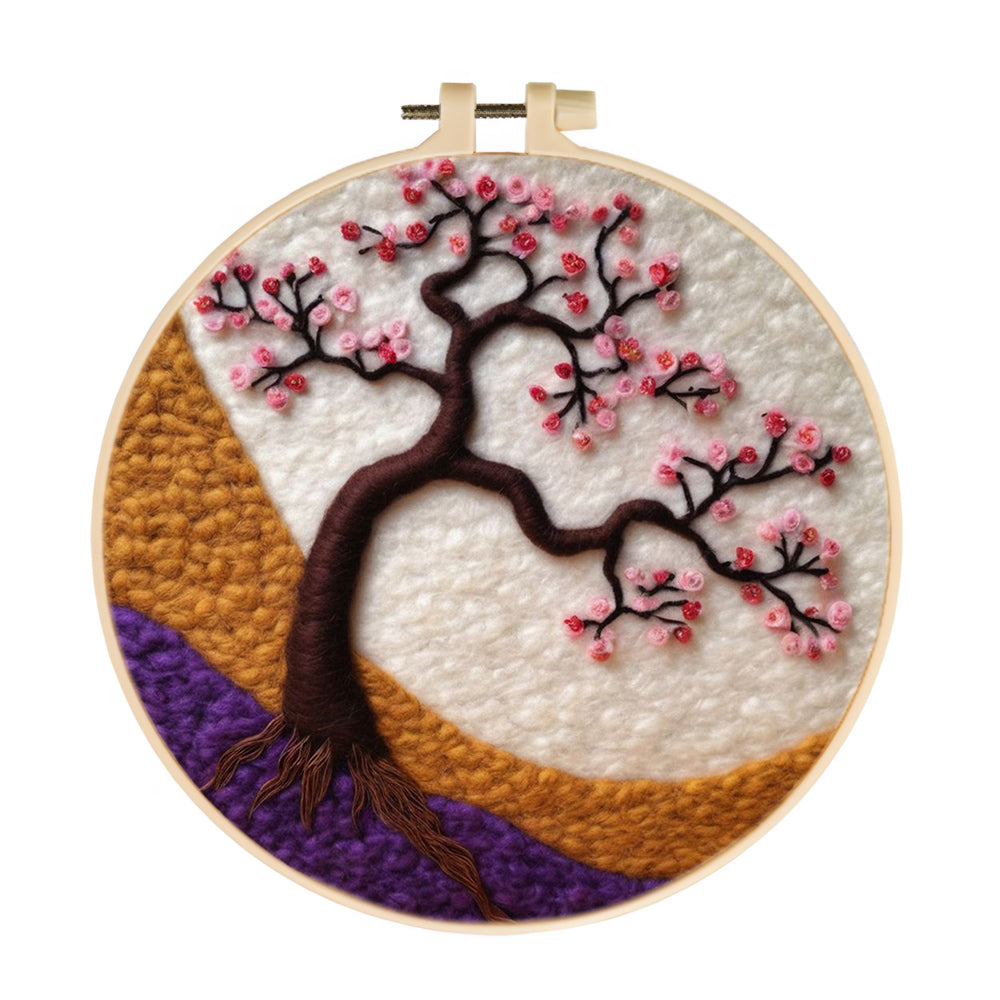 Pink Flowers Bloom on Tree Branch Wool Needle Felting Painting Kit