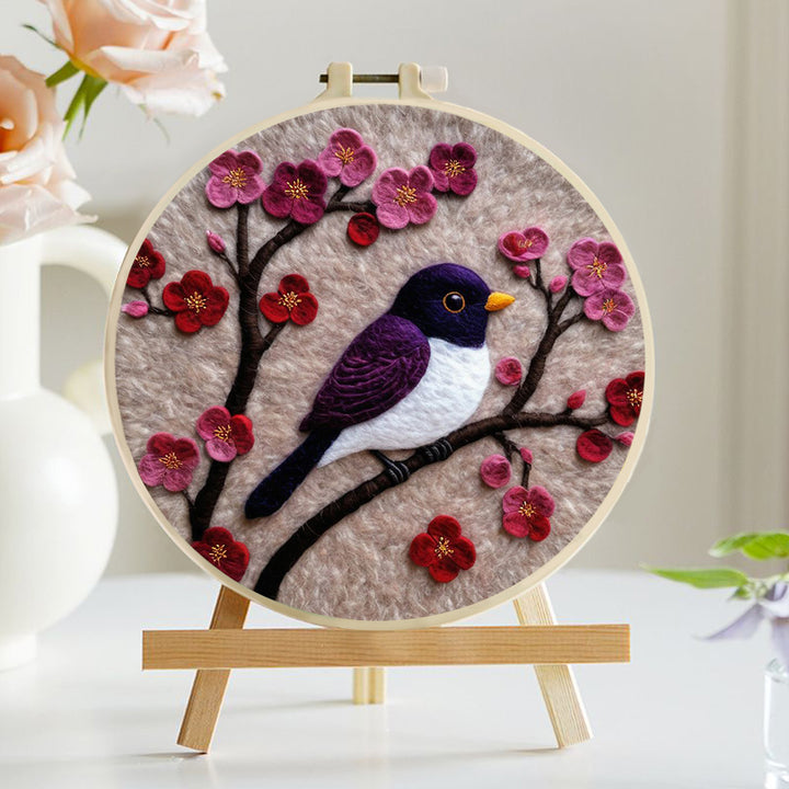 Purple Bird and Pink Flowers Unite Wool Needle Felting Painting Kit