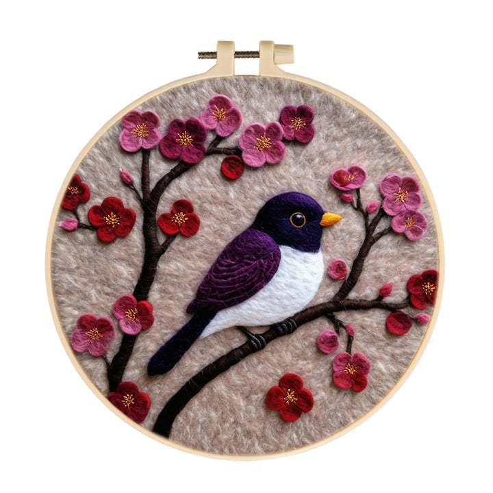 Purple Bird and Pink Flowers Unite Wool Needle Felting Painting Kit