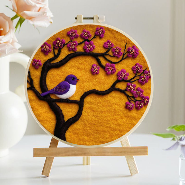 Purple Bird on Branch with Pink Blossoms Wool Needle Felting Painting Kit