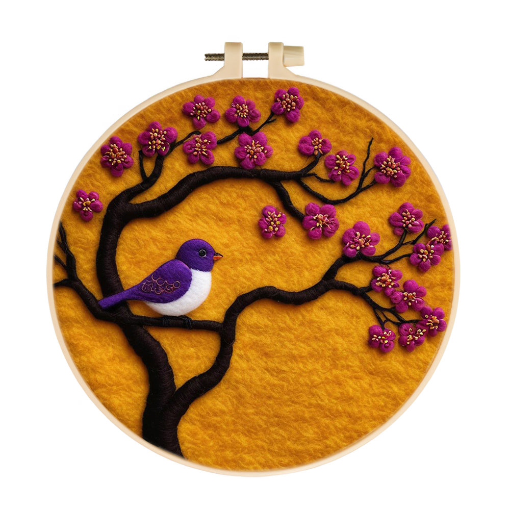 Purple Bird on Branch with Pink Blossoms Wool Needle Felting Painting Kit