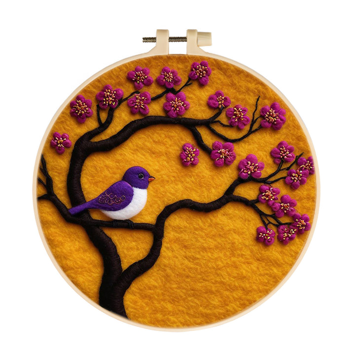 Purple Bird on Branch with Pink Blossoms Wool Needle Felting Painting Kit