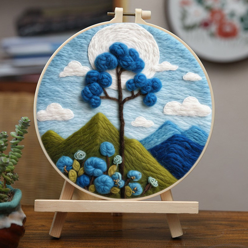 Mountains and a Blue Flowering Tree Wool Needle Felting Painting Kit