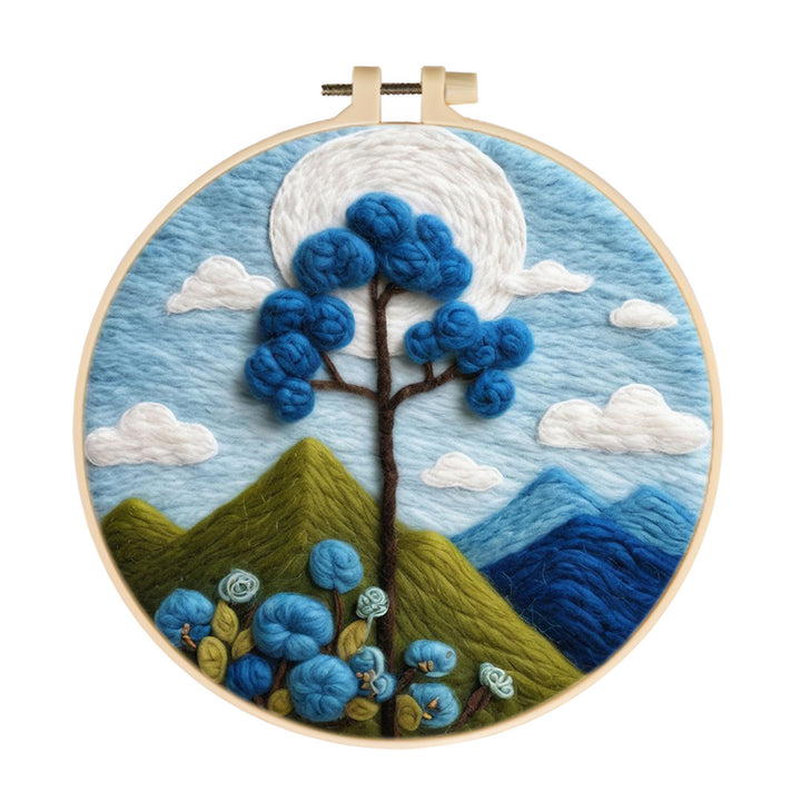 Mountains and a Blue Flowering Tree Wool Needle Felting Painting Kit