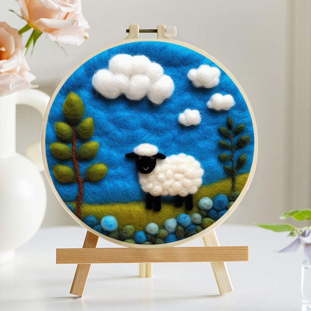 Sheep Stands Beneath Fluffy Clouds Wool Needle Felting Painting Kit