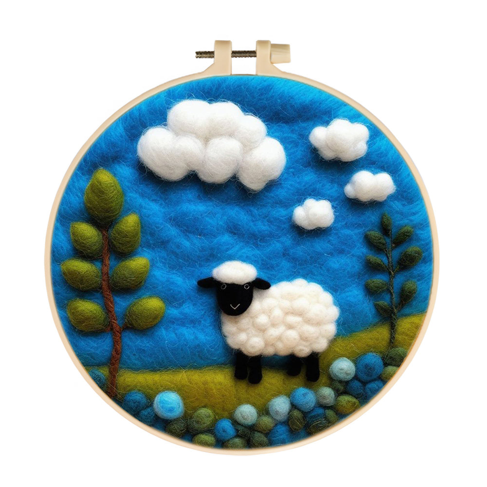 Sheep Stands Beneath Fluffy Clouds Wool Needle Felting Painting Kit