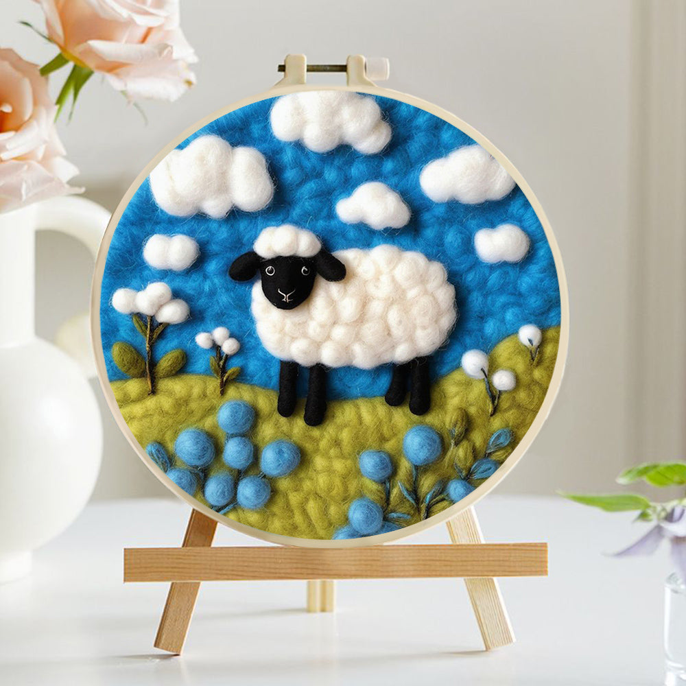 Sheep in Field Under Bright Sky Wool Needle Felting Painting Kit