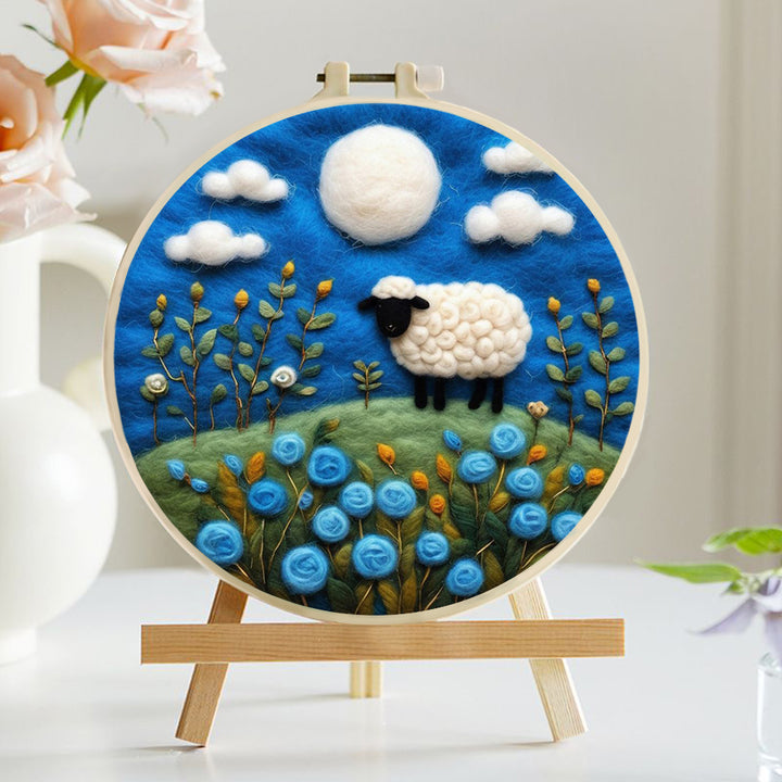 Sheep Roams Among Blue Flowers Wool Needle Felting Painting Kit