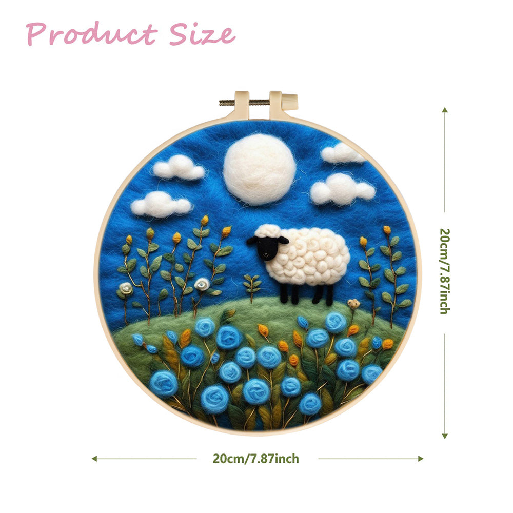 Sheep Roams Among Blue Flowers Wool Needle Felting Painting Kit