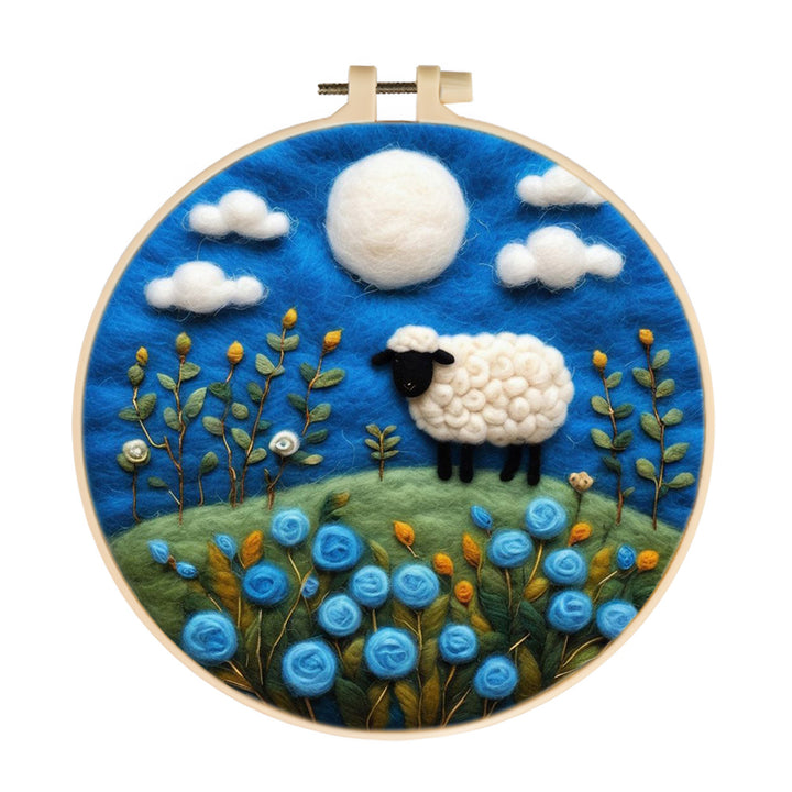 Sheep Roams Among Blue Flowers Wool Needle Felting Painting Kit