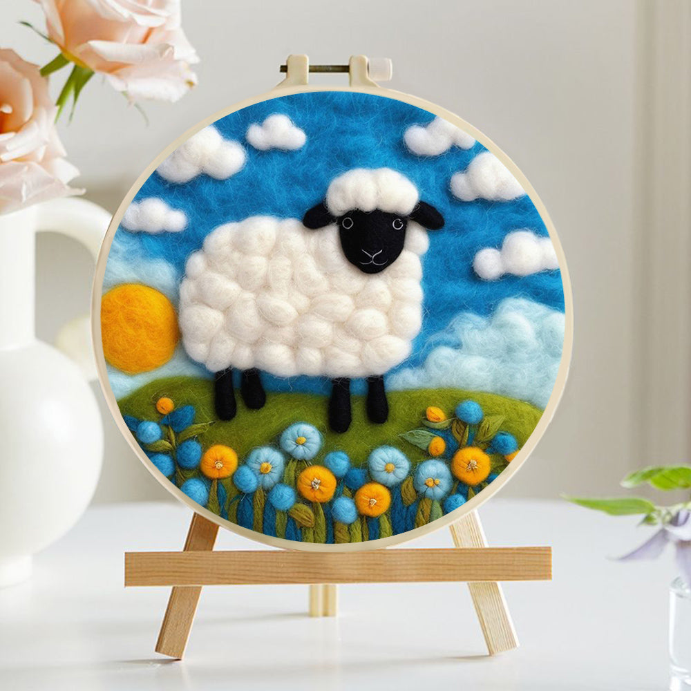 Sheep Roams on Green Hills Under Sun Wool Needle Felting Painting Kit