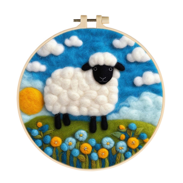 Sheep Roams on Green Hills Under Sun Wool Needle Felting Painting Kit