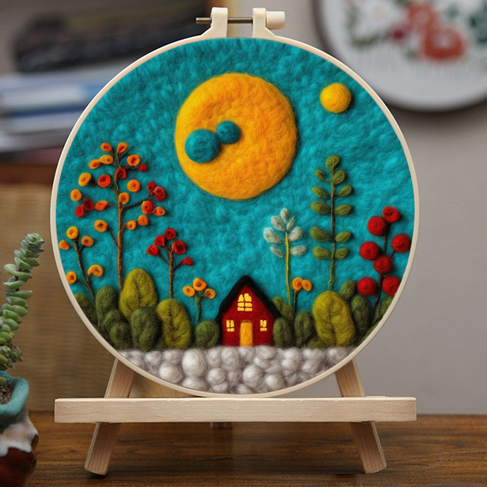 House Among Tall Trees Under the Moon Wool Needle Felting Painting Kit