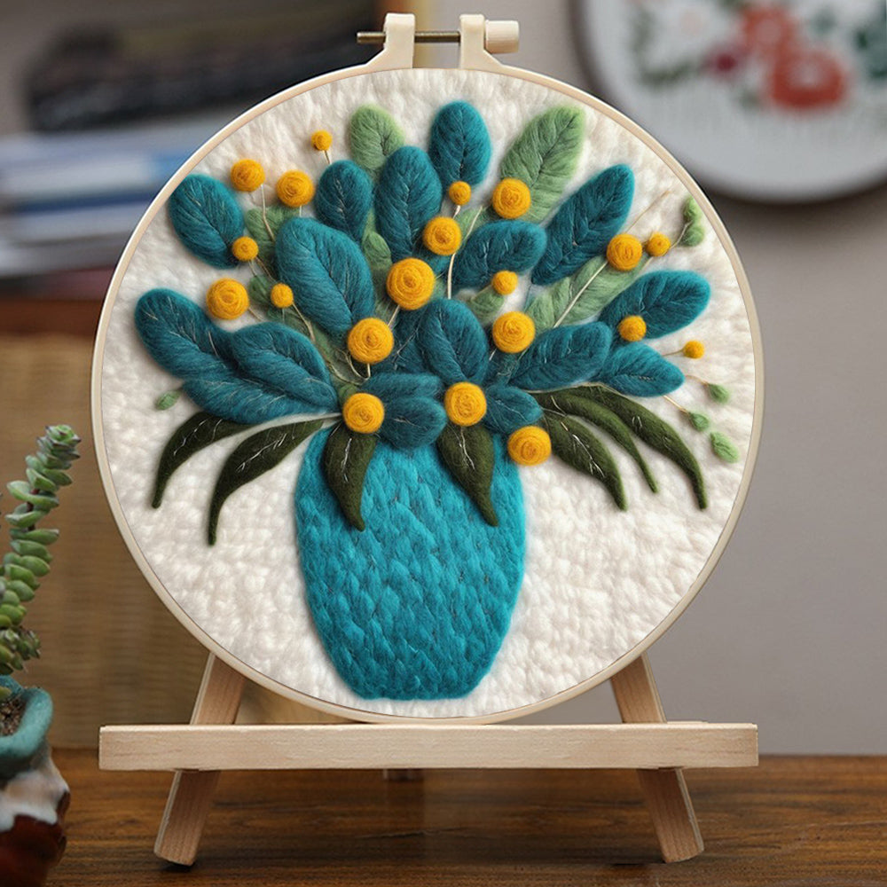 Yellow Flowers Among Green Leaves in a Vase Wool Needle Felting Painting Kit
