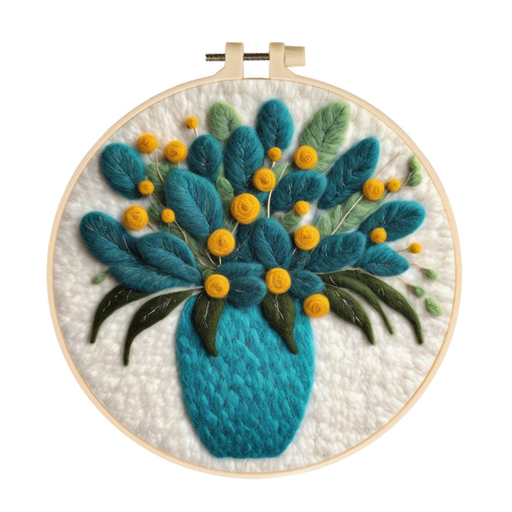 Yellow Flowers Among Green Leaves in a Vase Wool Needle Felting Painting Kit