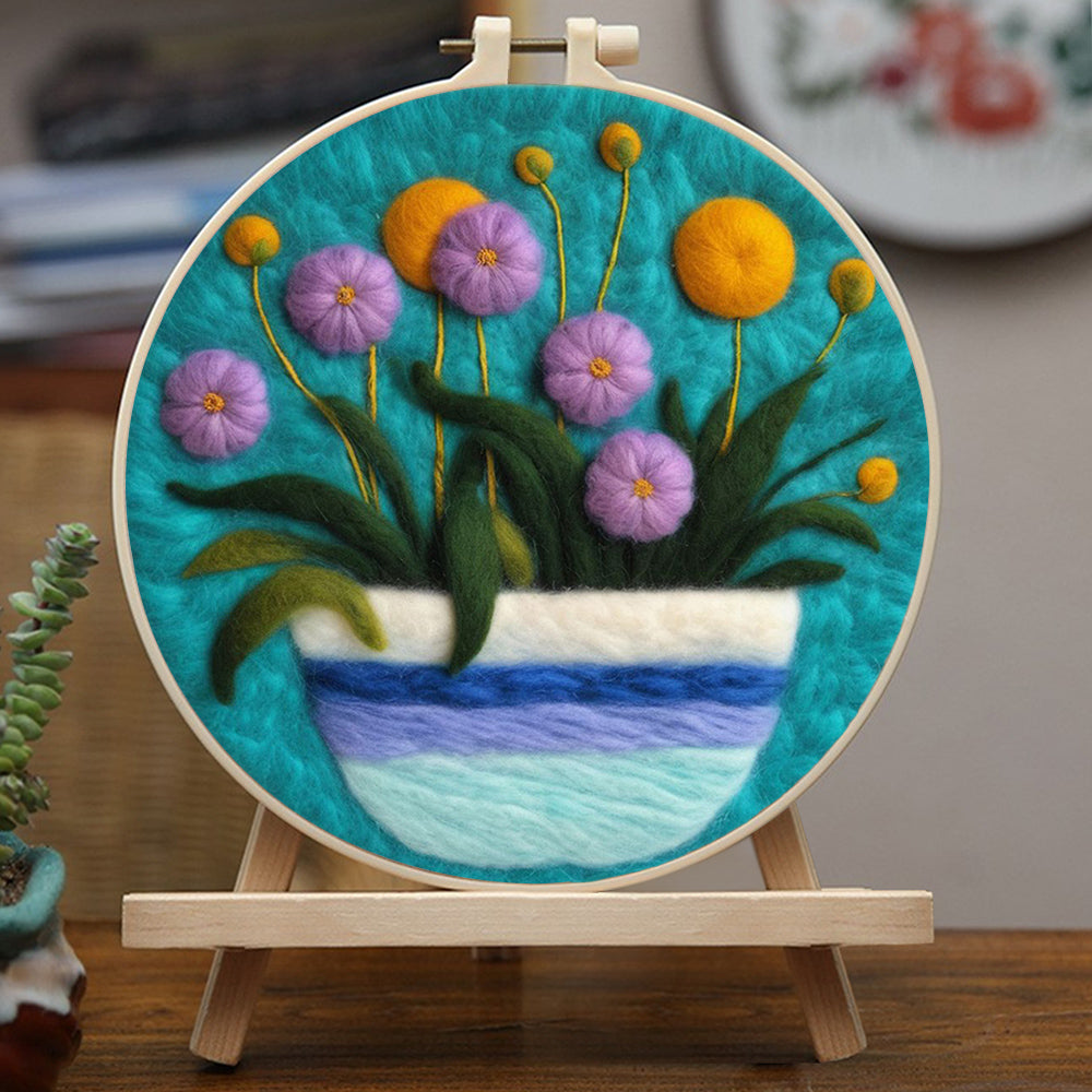 Yellow and Purple Flowers on Potted Plant Wool Needle Felting Painting Kit