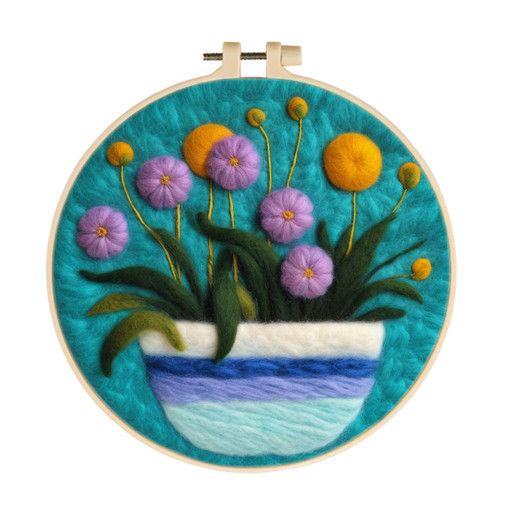 Yellow and Purple Flowers on Potted Plant Wool Needle Felting Painting Kit