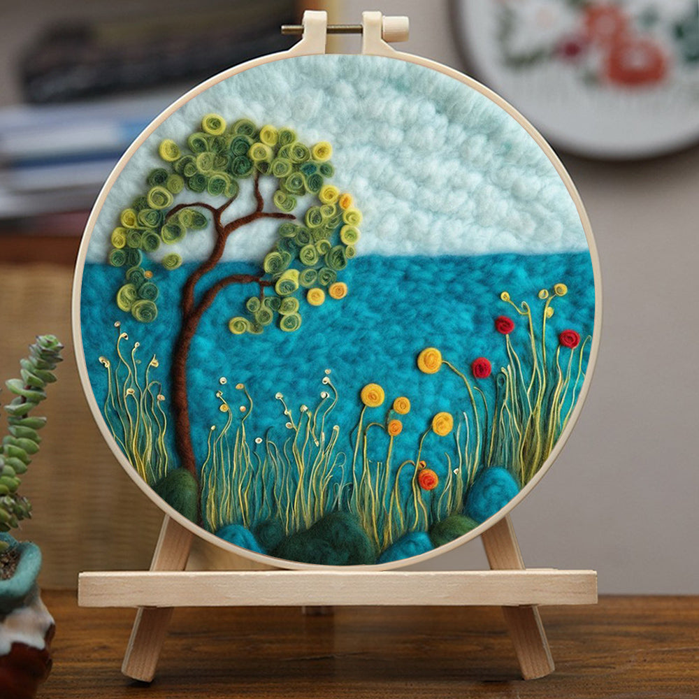 Green Tree with Yellow Flowers Wool Needle Felting Painting Kit