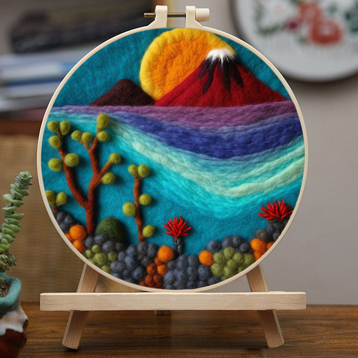 Volcano with Orange Sun and River Wool Needle Felting Painting Kit