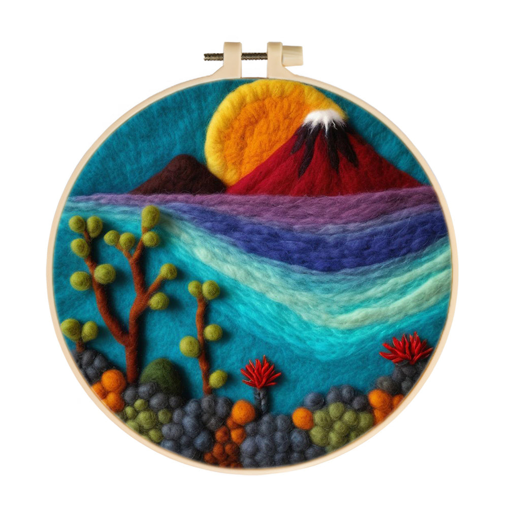 Volcano with Orange Sun and River Wool Needle Felting Painting Kit