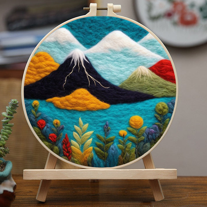 Blue Sea with Mountain and Flowers Wool Needle Felting Painting Kit