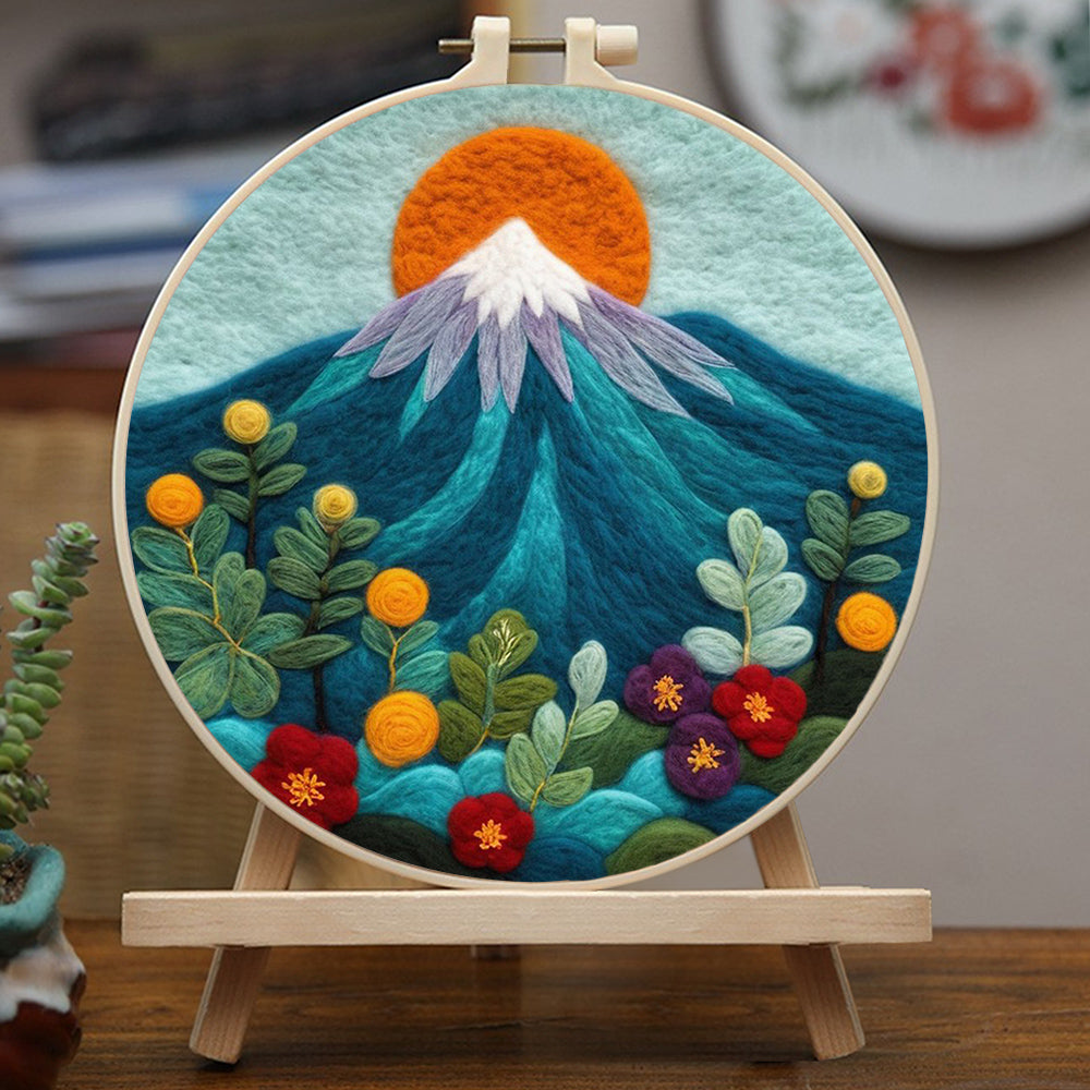 Red Sun with Mountain and Flowers Wool Needle Felting Painting Kit