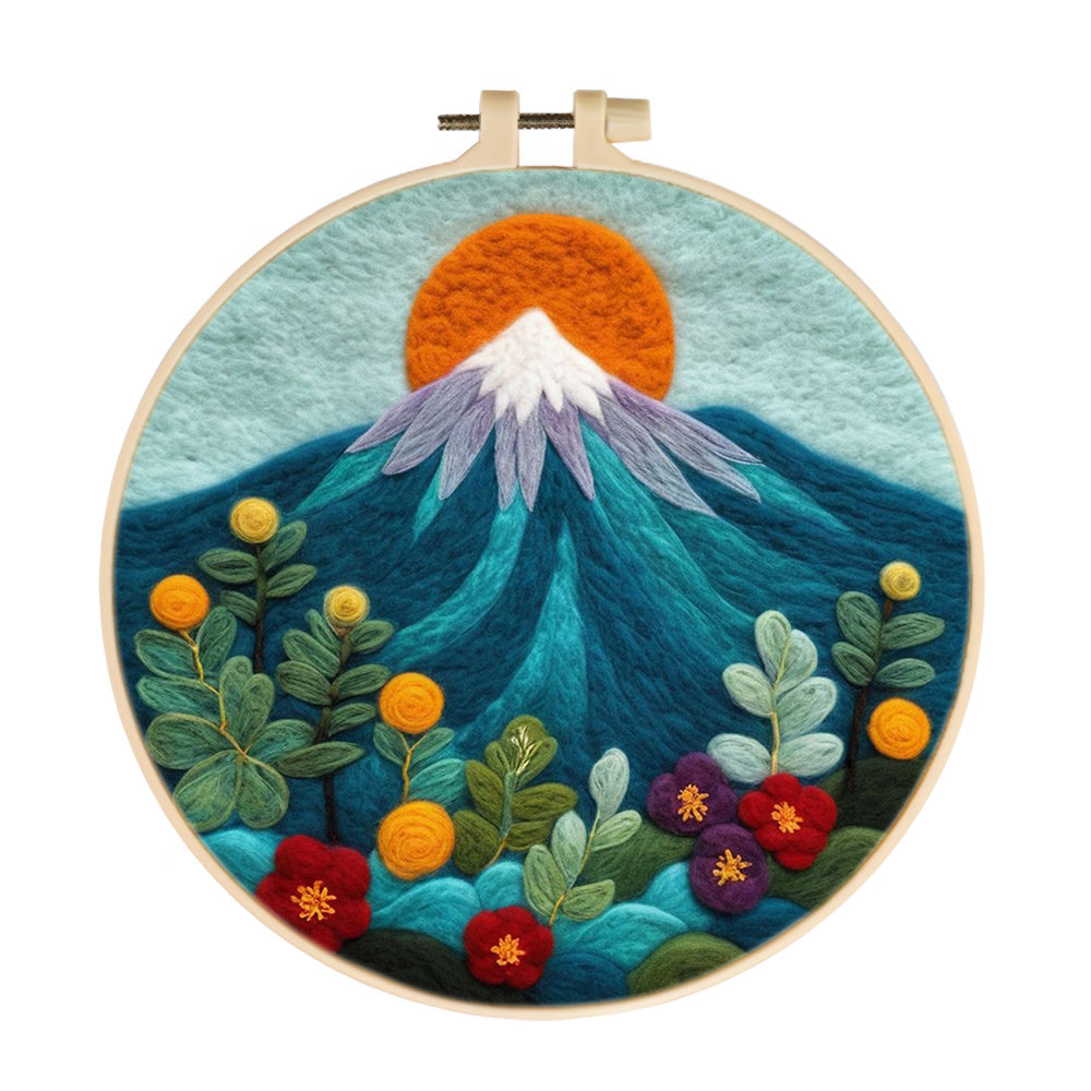 Red Sun with Mountain and Flowers Wool Needle Felting Painting Kit
