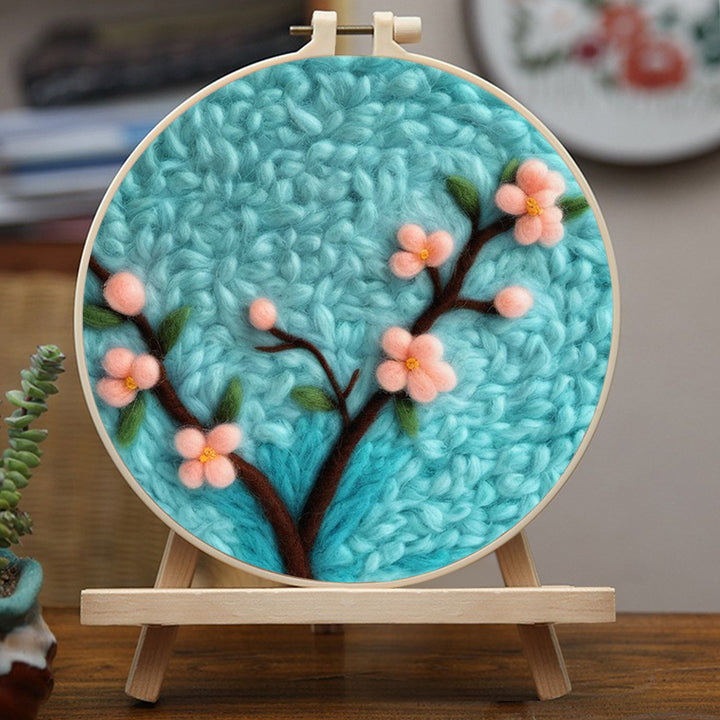 Pink Blossoms with Green Branches Wool Needle Felting Painting Kit