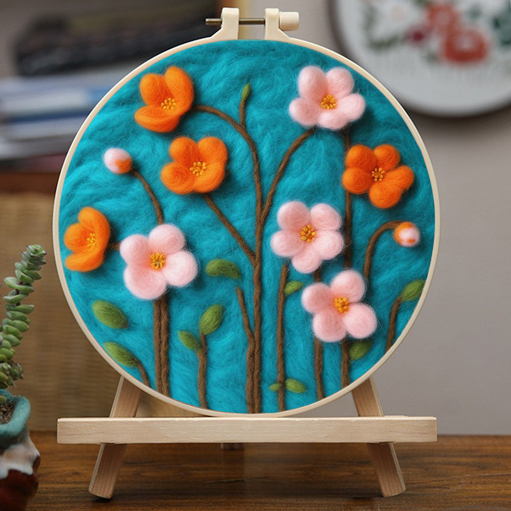 Colorful Flowers with Green Leaves Wool Needle Felting Painting Kit
