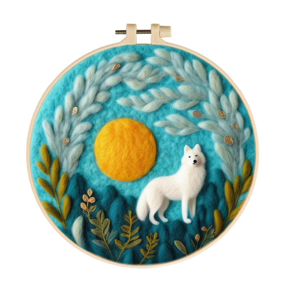 White Wolf Roams by Golden Sun Wool Needle Felting Painting Kit