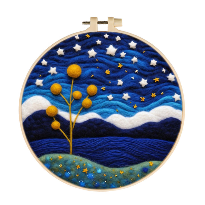 Stars and Yellow Tree Under Sky Wool Needle Felting Painting Kit