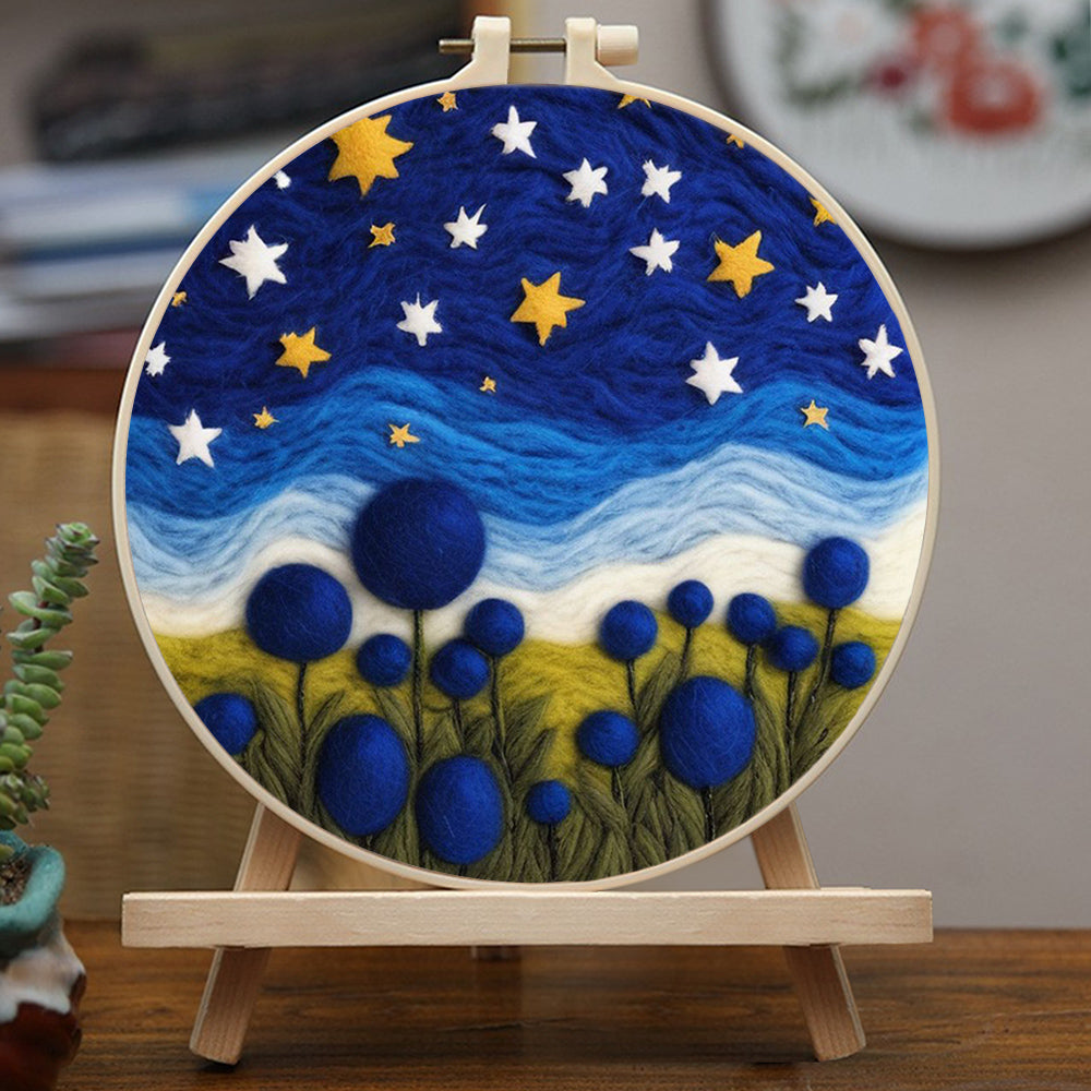 Blue Spherical Flowers Under the Star Wool Needle Felting Painting Kit