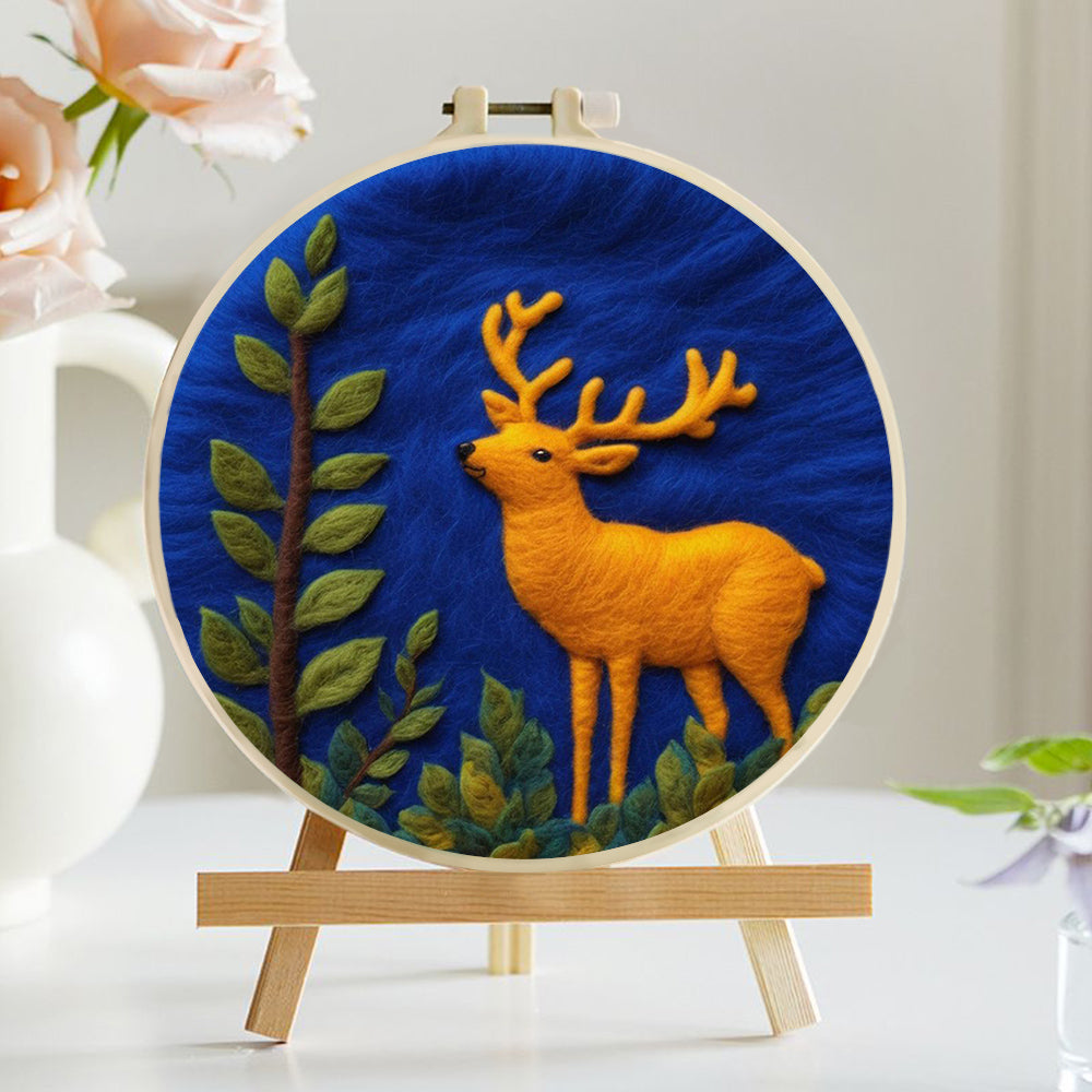 Golden Deer Moves Through Green Foliage Wool Needle Felting Painting Kit