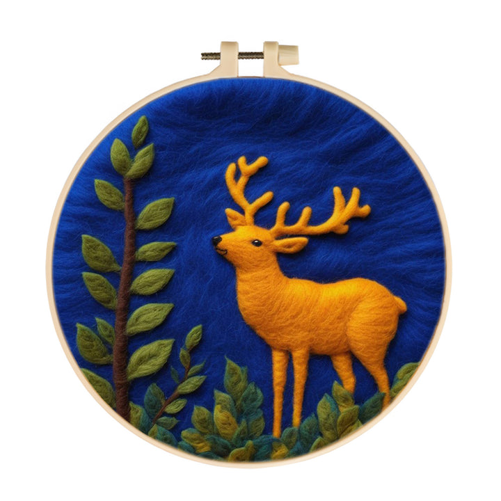 Golden Deer Moves Through Green Foliage Wool Needle Felting Painting Kit